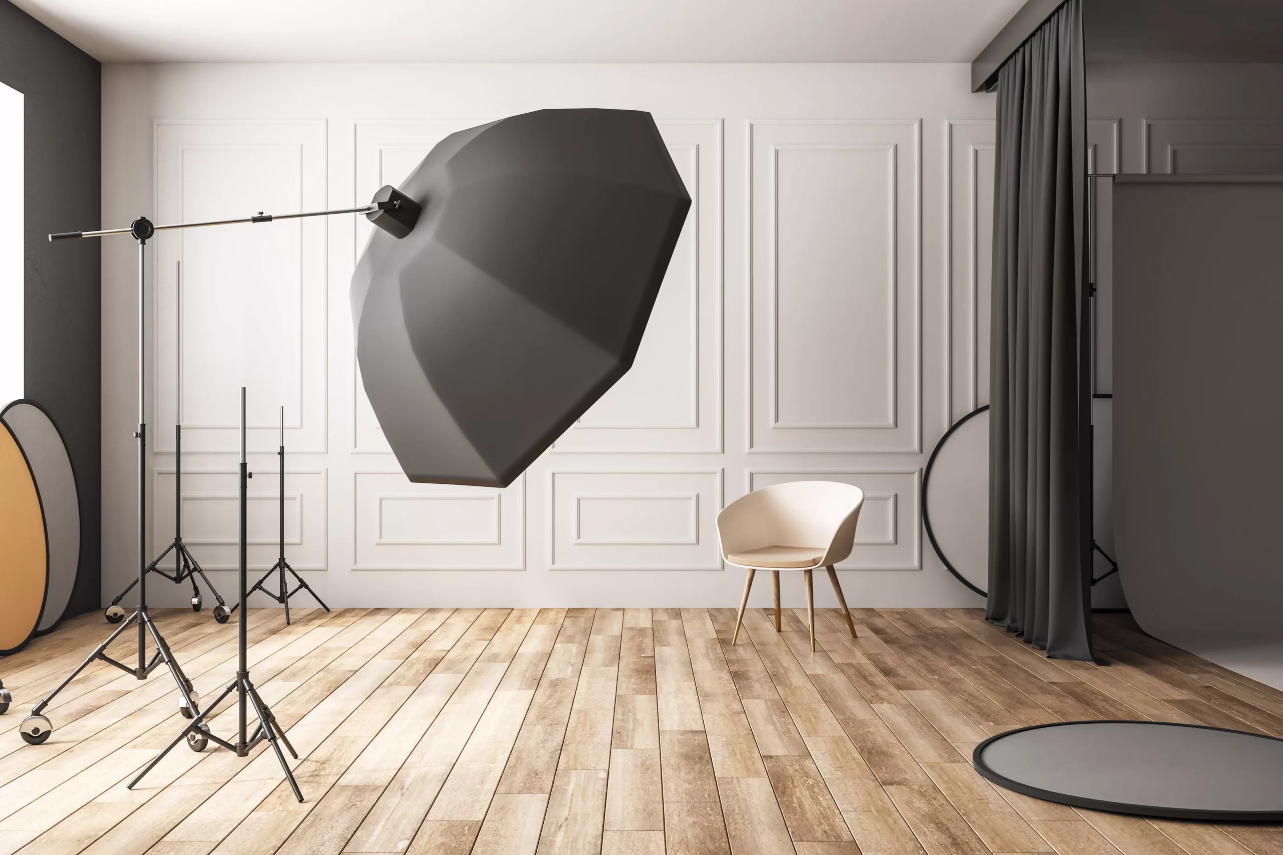Camera and studio lighting arranged for a professional photography session